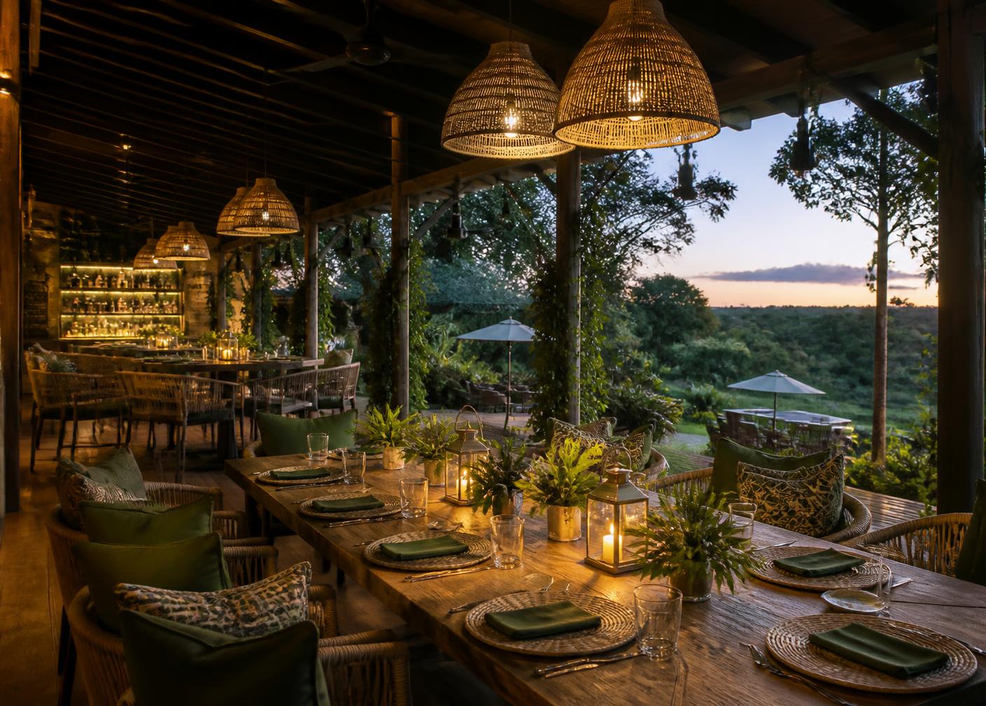 Open-air restaurant at dusk